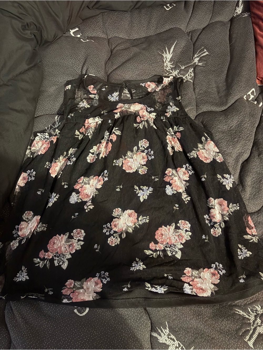 Girls Black Floral Mesh Top - Pink Rose Print